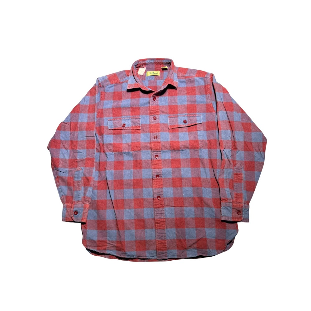 Vintage LL Bean Flannel Shirt Mens Medium Red Blue Plaid Cotton Button Up